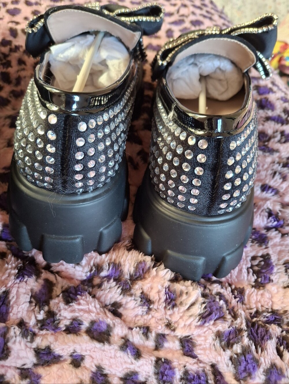 Betsey Johnson vincent Silver 9 Black Embellished Blingy Rhinestone Bow Loafers - Picture 3 of 11